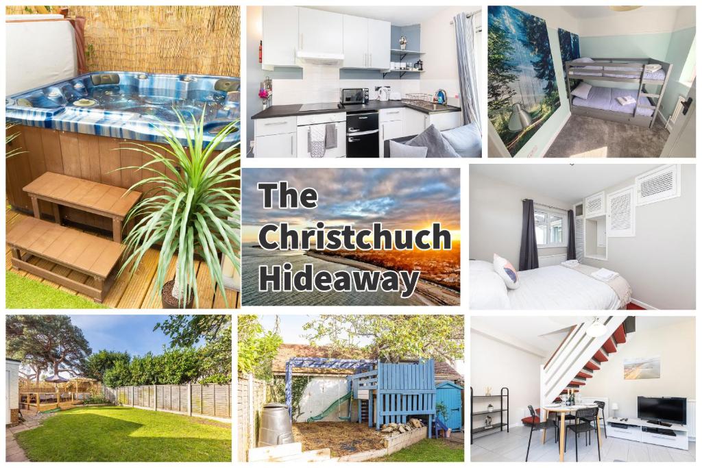 een collage van foto’s van een Christchurch interagencyagencyartmentartmentartmentartmentartment bij 2 bedroom house with hot tub, near beaches etc in Holdenhurst