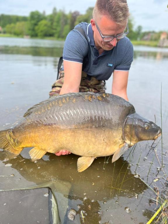 un homme tenant un grand poisson dans l'eau dans l'établissement Maison de L`Etang, à Troniçais