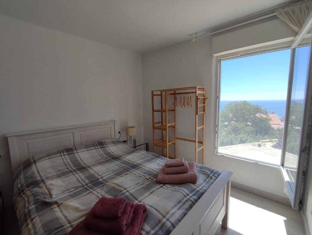een slaapkamer met een bed en een groot raam bij Casa Máxica de Oia in Oia