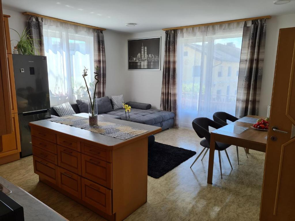 芬肯施泰因的住宿－Orchidea Apartment，厨房以及带沙发和桌子的客厅。