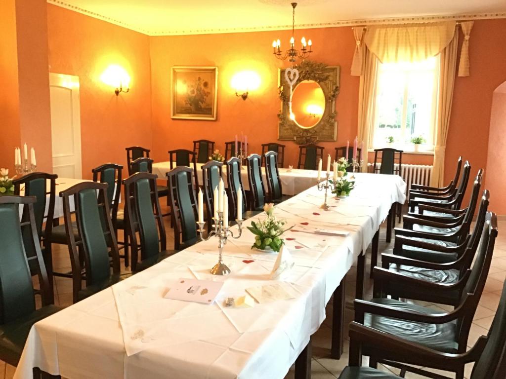 a dining room with a long table and chairs at Gutshaus Darsikow in Darsikow