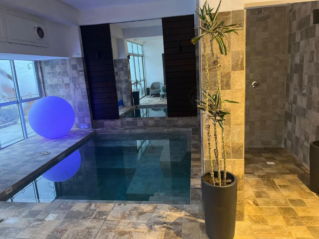 una piscina en una casa con una maceta en Hotel Lujan, en Piriápolis