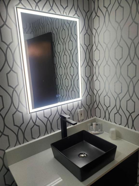 a bathroom with a black sink and a mirror at Alpine Inn Abbotsford in Abbotsford