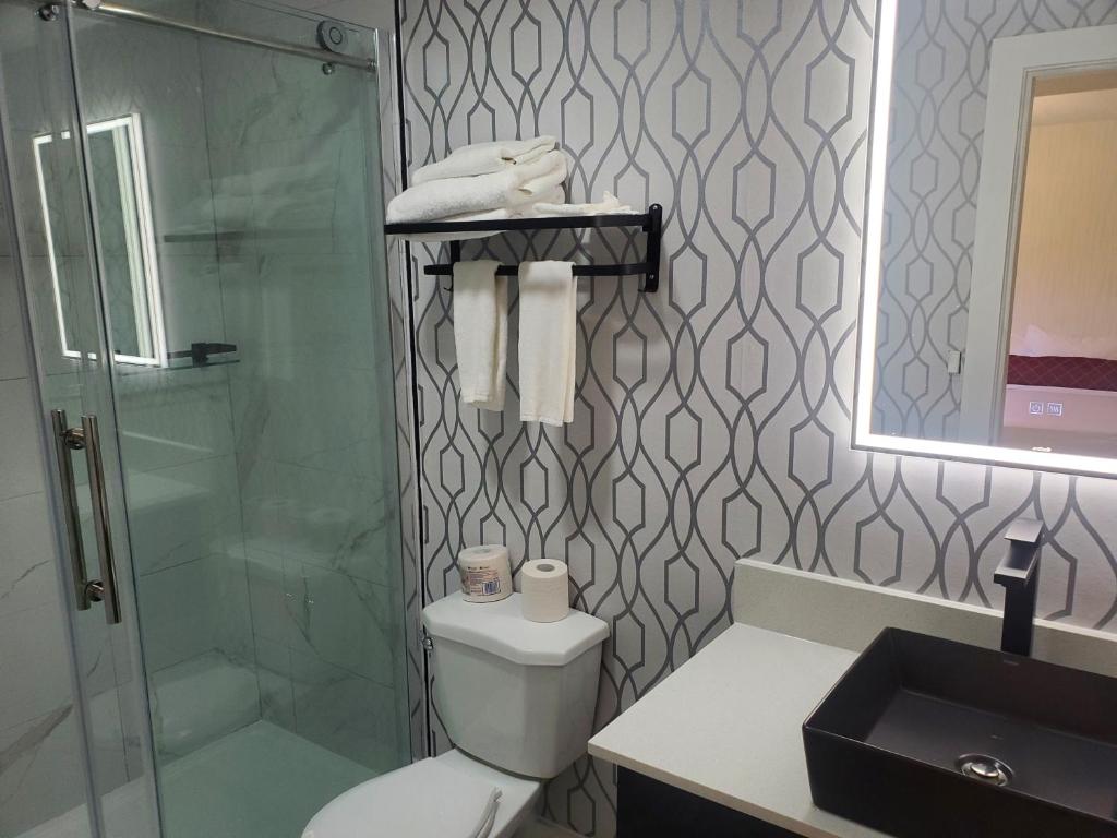 a bathroom with a shower and a toilet and a sink at Alpine Inn Abbotsford in Abbotsford