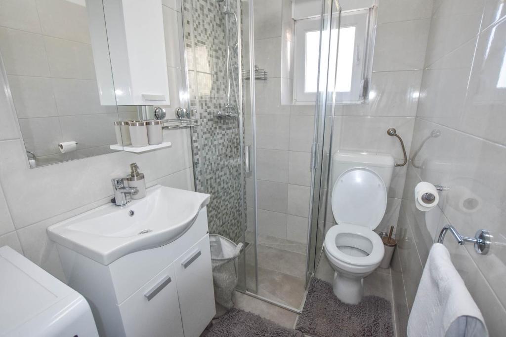 łazienka z toaletą, umywalką i prysznicem w obiekcie Apartment S and E w mieście Kali
