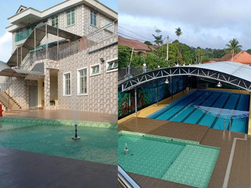 two pictures of a swimming pool next to a house at BerataStay @ Segamat in Segamat