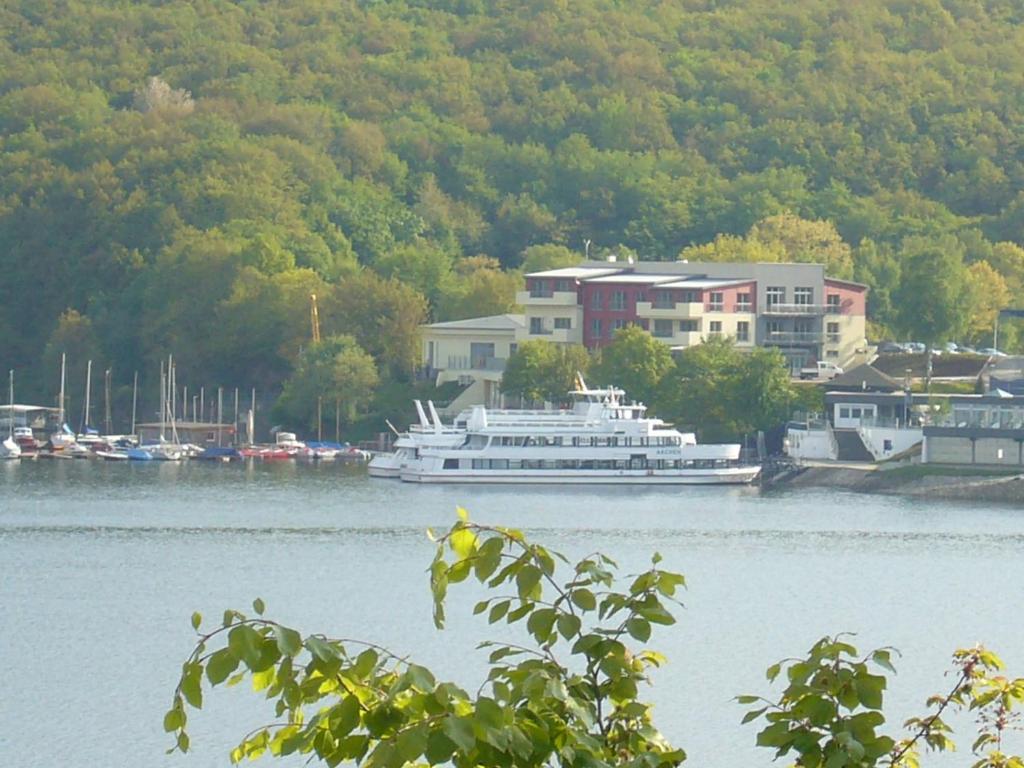 um barco está ancorado na água perto de um edifício em Der Seehof em Heimbach