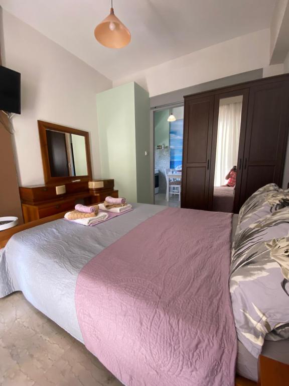 a bedroom with a large bed with a purple blanket at Maki Apartment in Paralia Katerinis