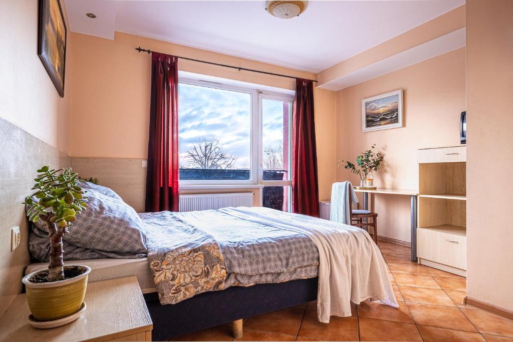 sypialnia z łóżkiem i oknem w obiekcie Mara w Wilnie