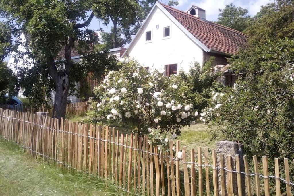 una cerca frente a una casa blanca en Útulný domek s malou zahrádkou, en Dačice