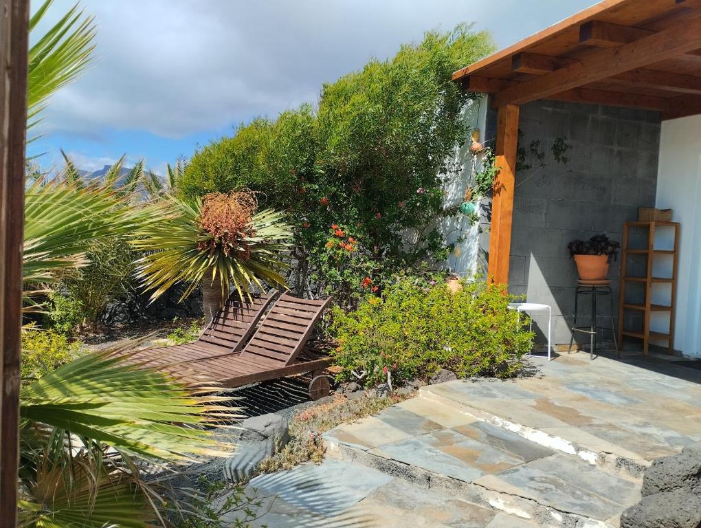 un jardín con un banco de madera y algunas plantas en Beautiful small bungalow, amazing views and garden en Famara