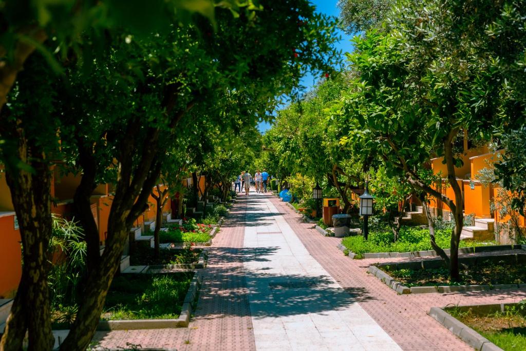 a tree lined street with people walking down it at Ozlem Garden Hotel in Side
