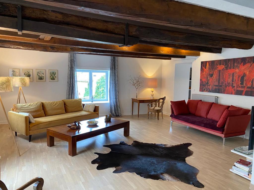 a living room with two couches and a table at Les Hauts de CLuny in Cluny