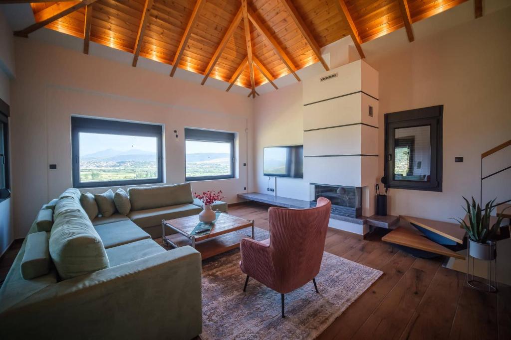 uma sala de estar com um sofá e uma lareira em Villa de Vino em Ioannina