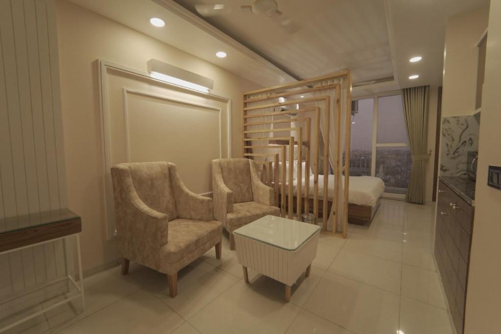Posezení v ubytování Myst Luxury stays