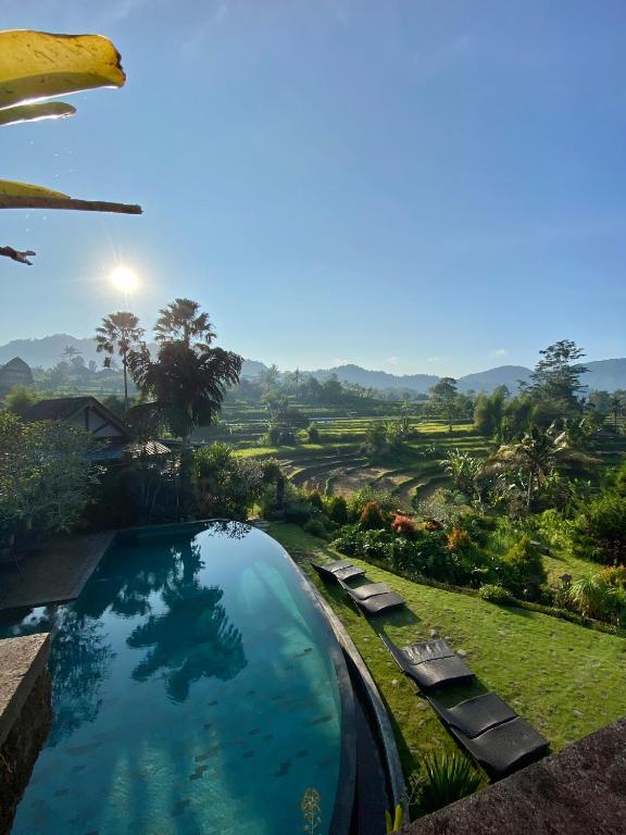 una piscina con vista su un campo di Sawah Indah Villa a Sidemen