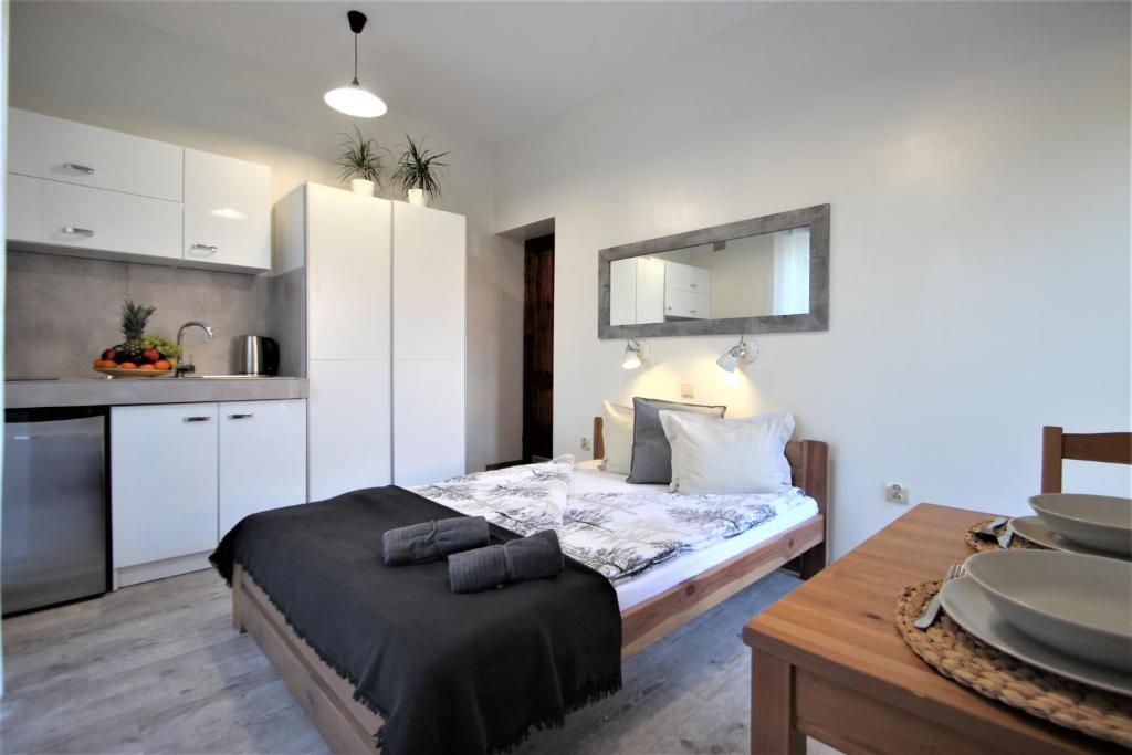 a small bedroom with a bed and a kitchen at Apart Studio Rambiert in Swarzewo