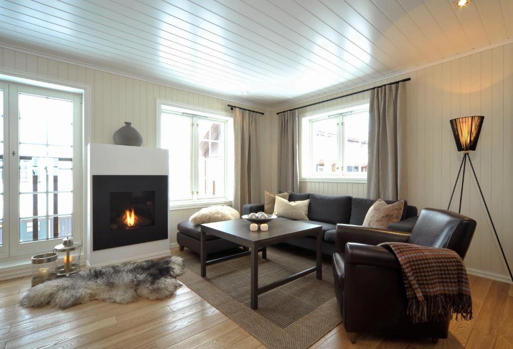 a living room with a couch and a fireplace at Havsdalsgrenda Geilo Apartments in Geilo