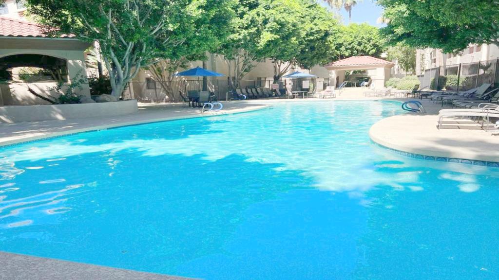 a large blue swimming pool with chairs and trees at Excellent location,Relax in the heart of the City!! by Kivoya in Phoenix
