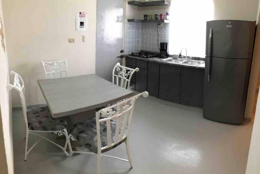 奧夫雷貢城的住宿－Cerca de Parque industrial Nava 3 hab (Facturable)，一间带桌子和冰箱的小厨房