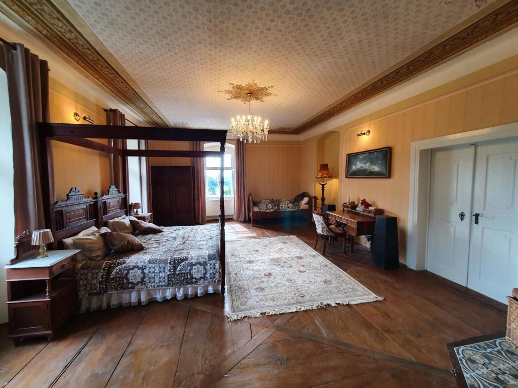 1 dormitorio con cama con dosel y escritorio en Apartmán Fara, en Včelákov