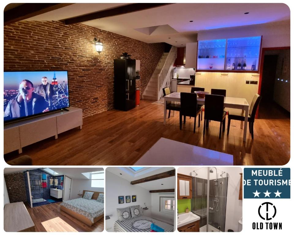 duas imagens de uma sala de estar e uma sala de jantar com uma televisão em Loft 80m2 en plein cœur de la vieille ville 3 étoiles em Toulon