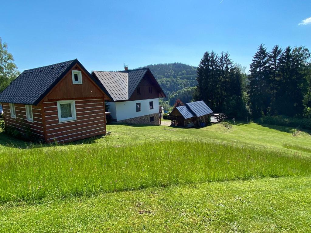 ein kleines Haus auf einem Grasfeld in der Unterkunft Apartmany Silver in Rokytnice nad Jizerou