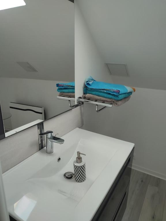 a bathroom counter with a sink and a mirror at La maison fleurie 2 in Sainte-Geneviève-lès-Gasny