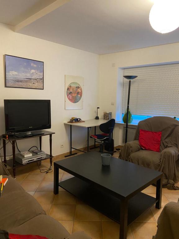 a living room with a coffee table and a tv at Appartement Rez de chaussée T2 centre-ville in Vendôme