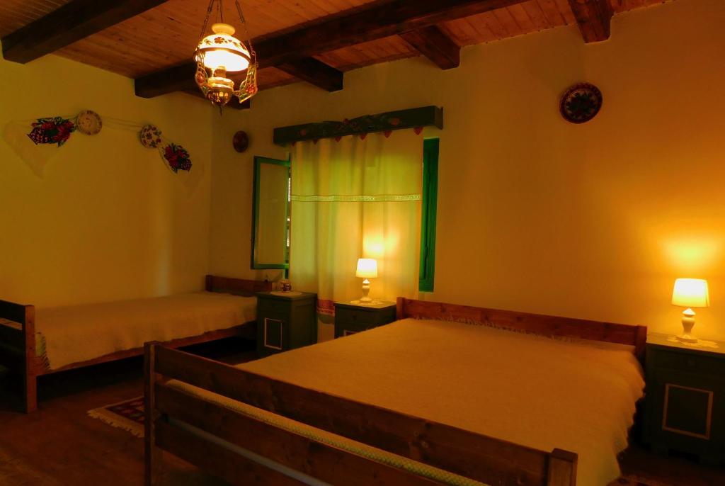 a bedroom with two beds and a chandelier at MARAMUREȘUL STRĂVECHI in Budeşti