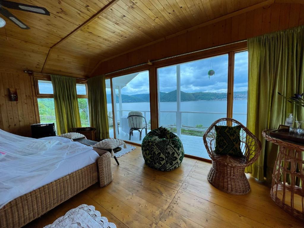 a bedroom with a bed and a view of the water at Dream Tricule in Sviniţa