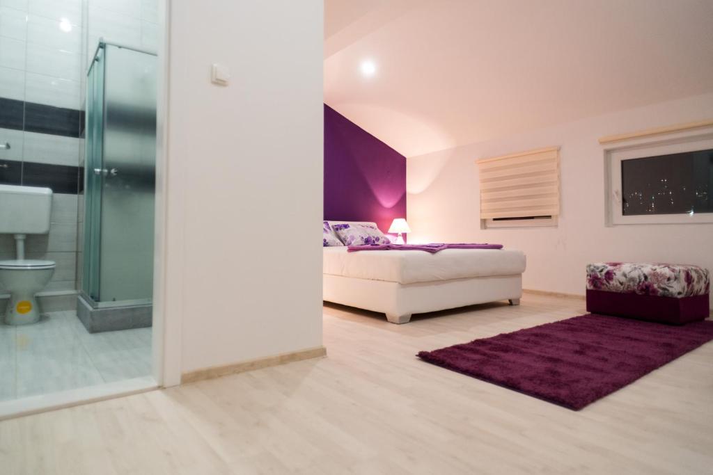 sala de estar con cama y ducha acristalada en Purple rooms, en Mostar