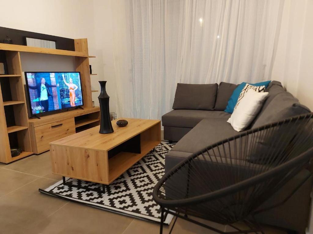 a living room with a couch and a television at Valentinas apartment ! in Polis Chrysochous