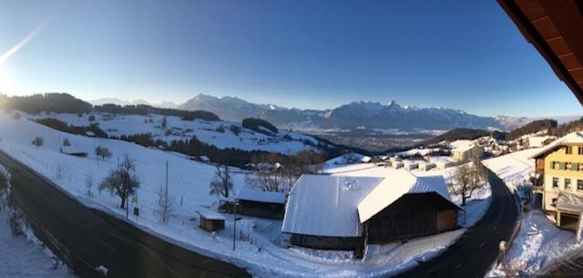 uma cidade com edifícios cobertos de neve e uma montanha em Studio der Alpen em Thun