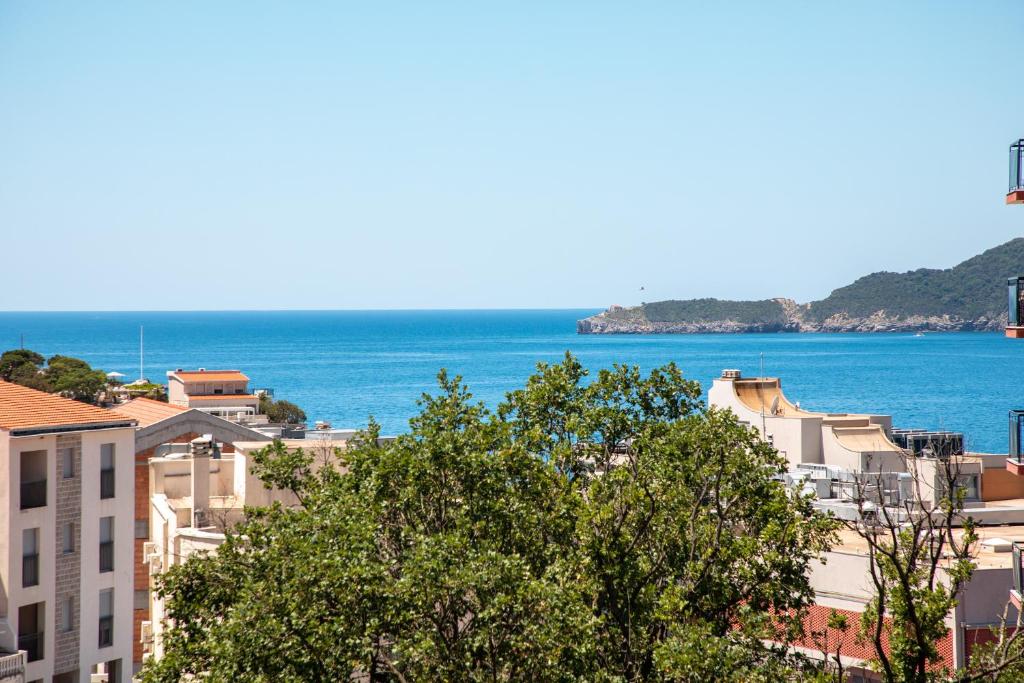 a view of the ocean from a city at Olive Garden Apartments in Sveti Stefan