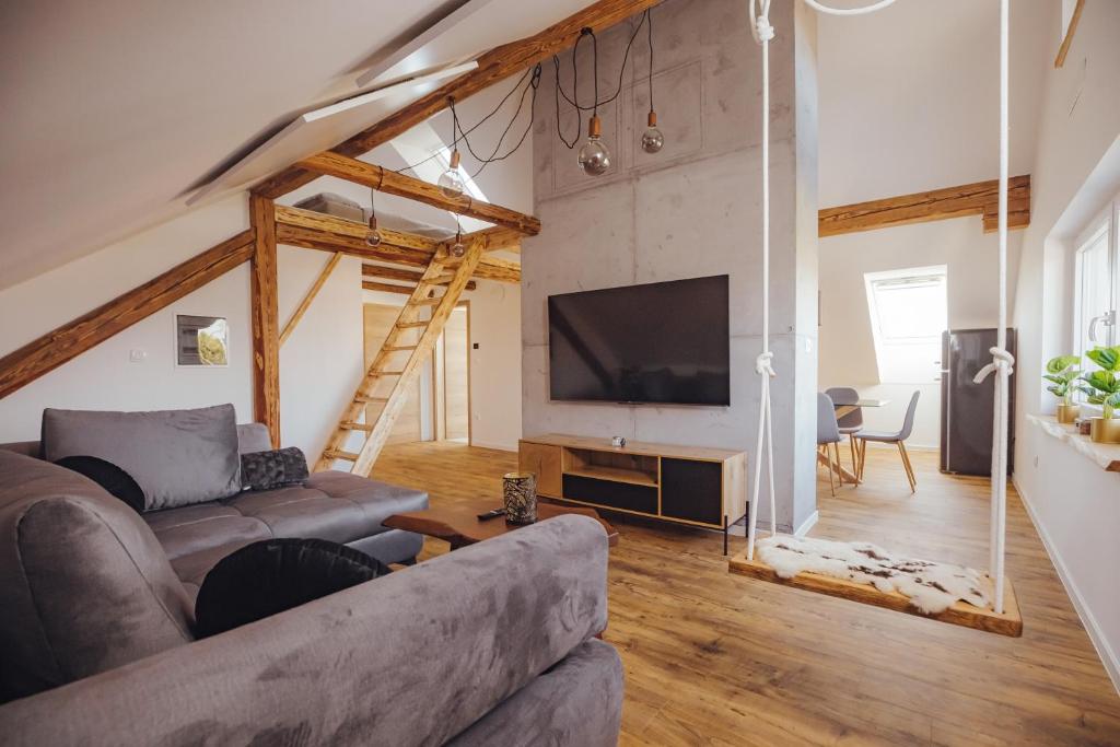 Drive Caffe Apartments في Trzin: غرفة معيشة مع أريكة وتلفزيون بشاشة مسطحة