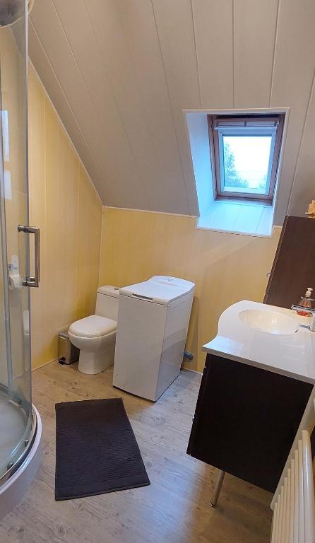 a bathroom with a sink and a toilet and a window at Appartement T2 Le bief des jardins in Bracieux