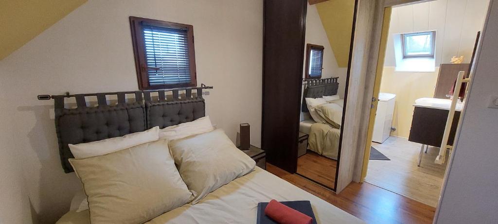 a bedroom with a bed and a large mirror at Appartement T2 Le bief des jardins in Bracieux