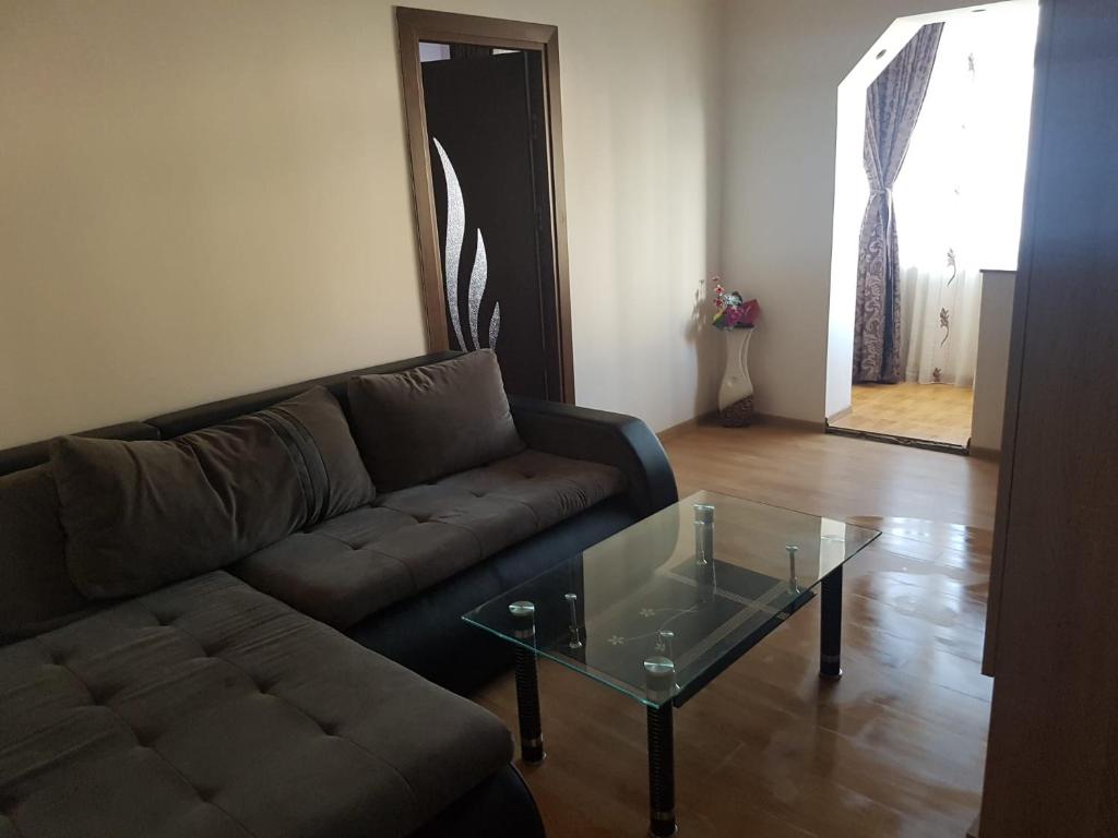 - un salon avec un canapé et une table en verre dans l'établissement Apartament Adela, à Brezoi