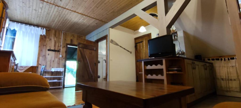 Televízia a/alebo spoločenská miestnosť v ubytovaní Domki Rydzewo