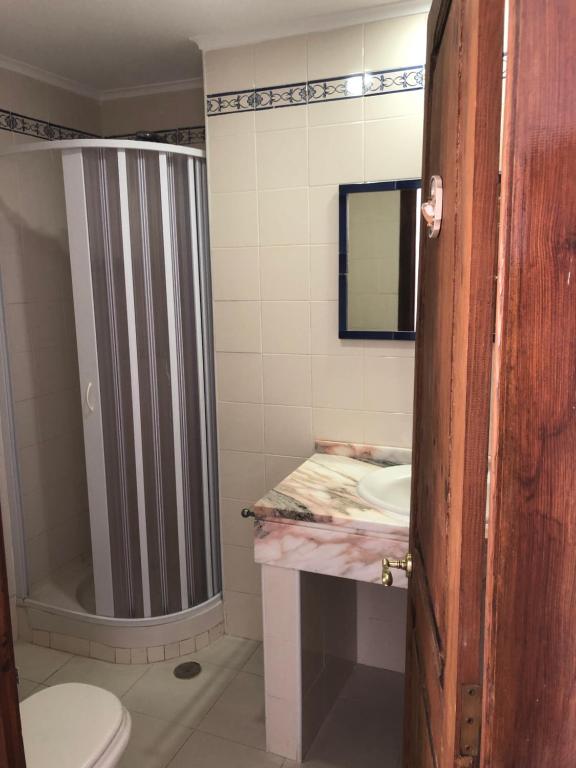 a bathroom with a shower and a toilet and a sink at Vinha da Quinta in Sintra