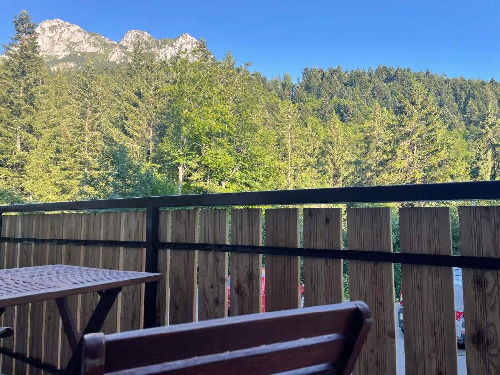 una terraza de madera con mesa y vistas a las montañas en Duplex Dent d'Oche, en Bernex