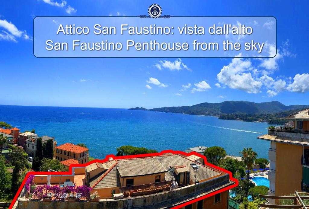 une image d'une vue sur l'océan et une maison dans l'établissement ATTICO SAN FAUSTINO 165 mq più 110 mq di terrazza- IN VILLA 700 ,VISTA MARE STREPITOSA-100 m dalla spiaggia-PARKING ESCLUSIVO-SKY,NETFLIX, à Rapallo