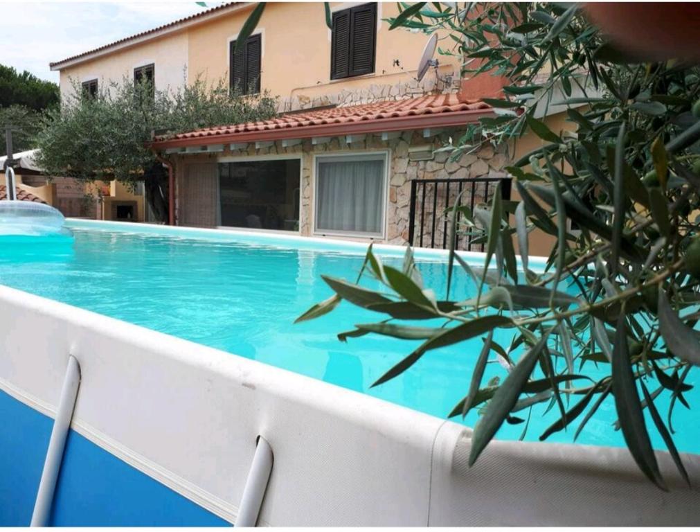 a large blue swimming pool in front of a house at Villa degli Ulivi in Su Loi