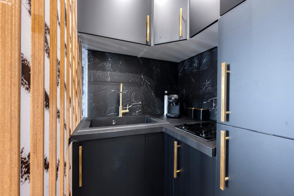 uma cozinha preta com um lavatório e um fogão em Studio em Livry-Gargan