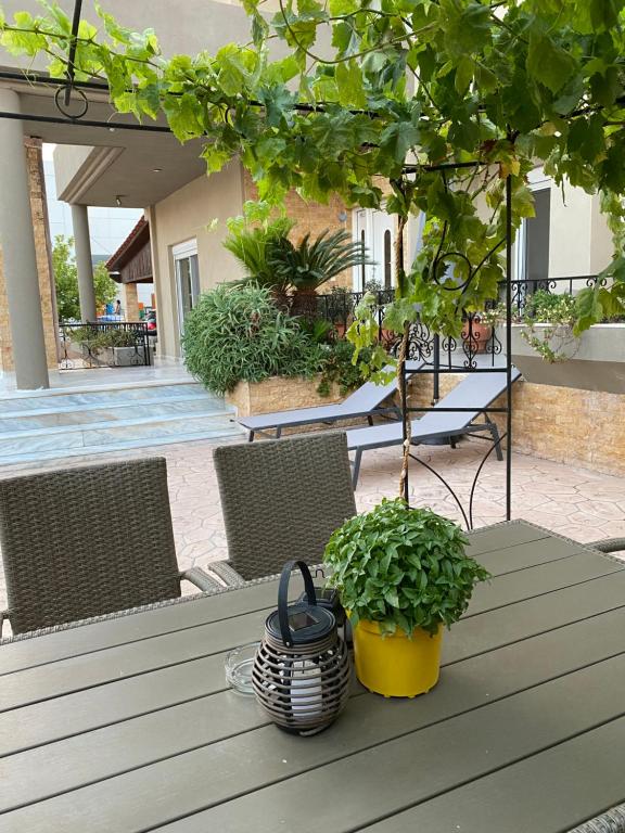 a table with two potted plants on a patio at Eva's Garden House in Ialysos