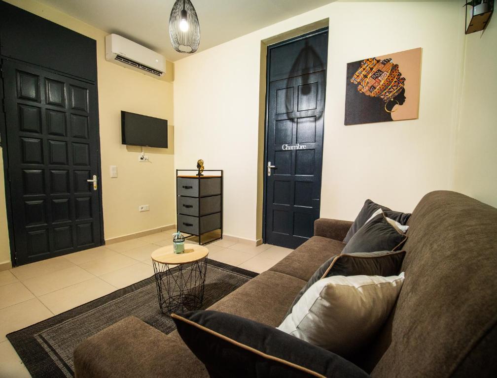 a living room with a couch and a tv at T2 jacuzzis et piscine au centre ville de Port-Louis in Port-Louis