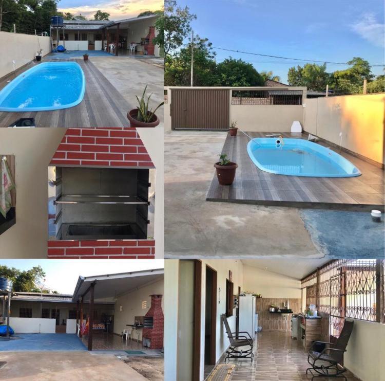 a collage of four pictures of a swimming pool at Casa em Alter do chão com piscina in Santarém