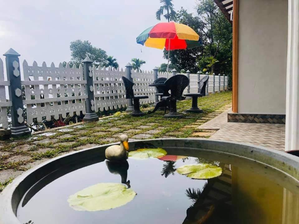 a bird standing on top of a pond with an umbrella at New Elkaduwa LOFT Hotel in Wattegama