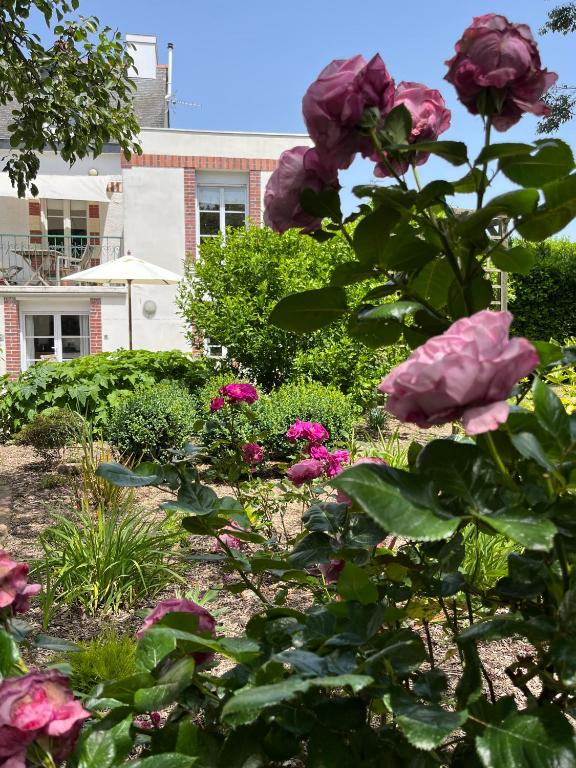 a garden with pink flowers and a building at Gîte cosy sur jardin in Moëlan-sur-Mer